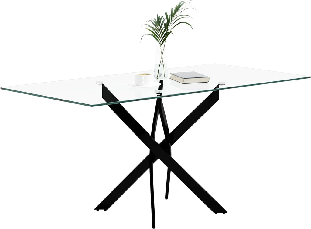 Tempered Glass Dining Table with Black Metal Legs, 47in Modern Rectangular Kitchen Table for Kitchen Dining Room Home Office, Black