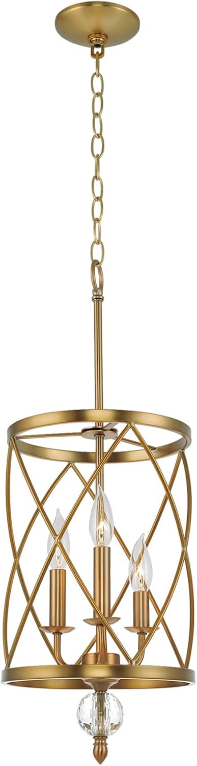 Kira Home Eleanor 27' Modern 3-Light Geometric Gold Lantern Chandelier, Cylinder Trellis Cage Gold Pendant Light with Crystal Finial, Warm Brass Finish