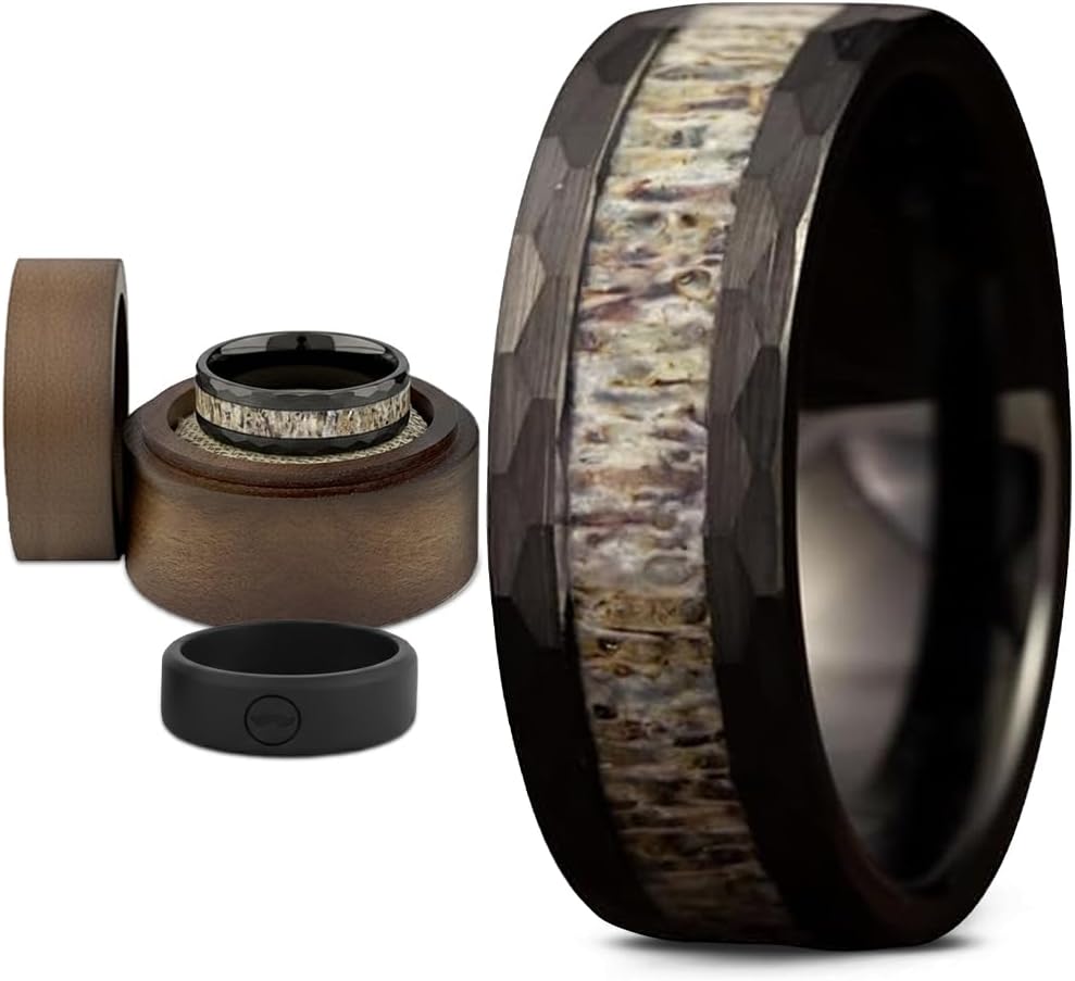 Gentlemen's Bands Black Wedding Band for Men | Hammered Tungsten Rings for Men With Deer Antler Inlay, 8mm | Includes Silicone Band, Walnut Box, and Leather Pouch Gift Set | Engagement, Promise Ring