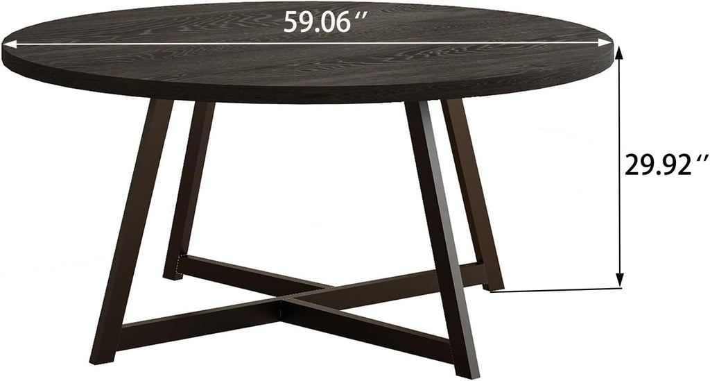Large Round Dining Table for 6-8, Wooden Dinner Table with Heavy Duty Metal Pedestal Base, for Kitchen Living Room, Space Saving, 59 Inch, Black