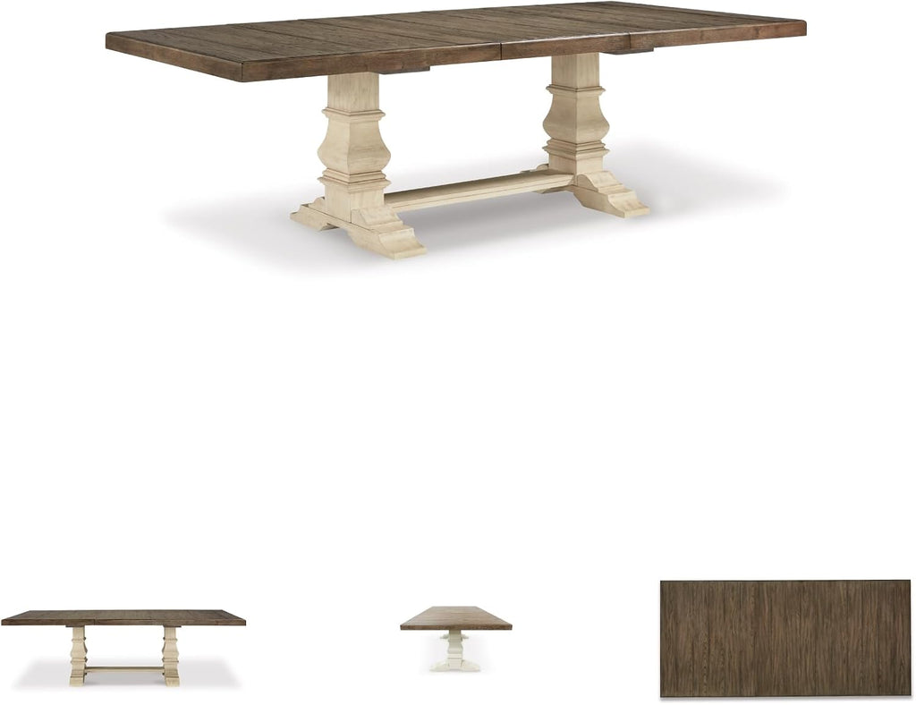 Signature Design by Ashley Bolanburg Farmhouse Extension Dining Table with Removable Center Leaf and Trestle Base, Dark Brown & White