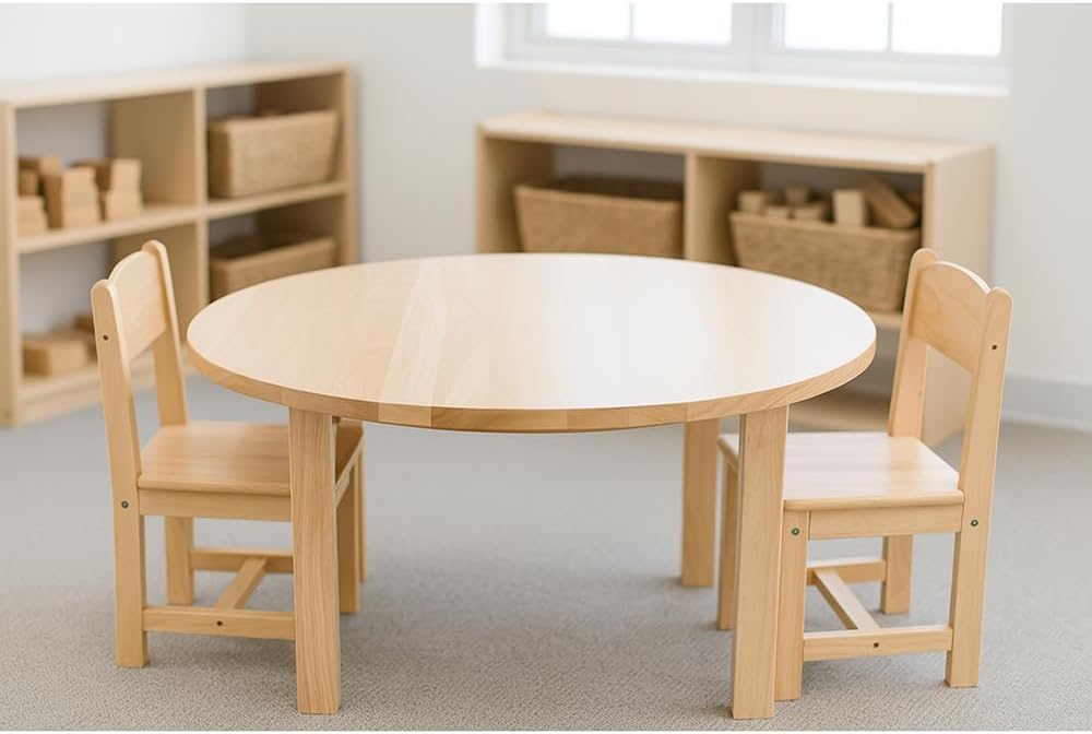 Constructive Playthings Deluxe Solid Hardwood Round Table and Chairs for Classroom/Playroom/Daycare, Ideal for Kindergarten Through 3rd Grade, 36 x 21 Inch Round