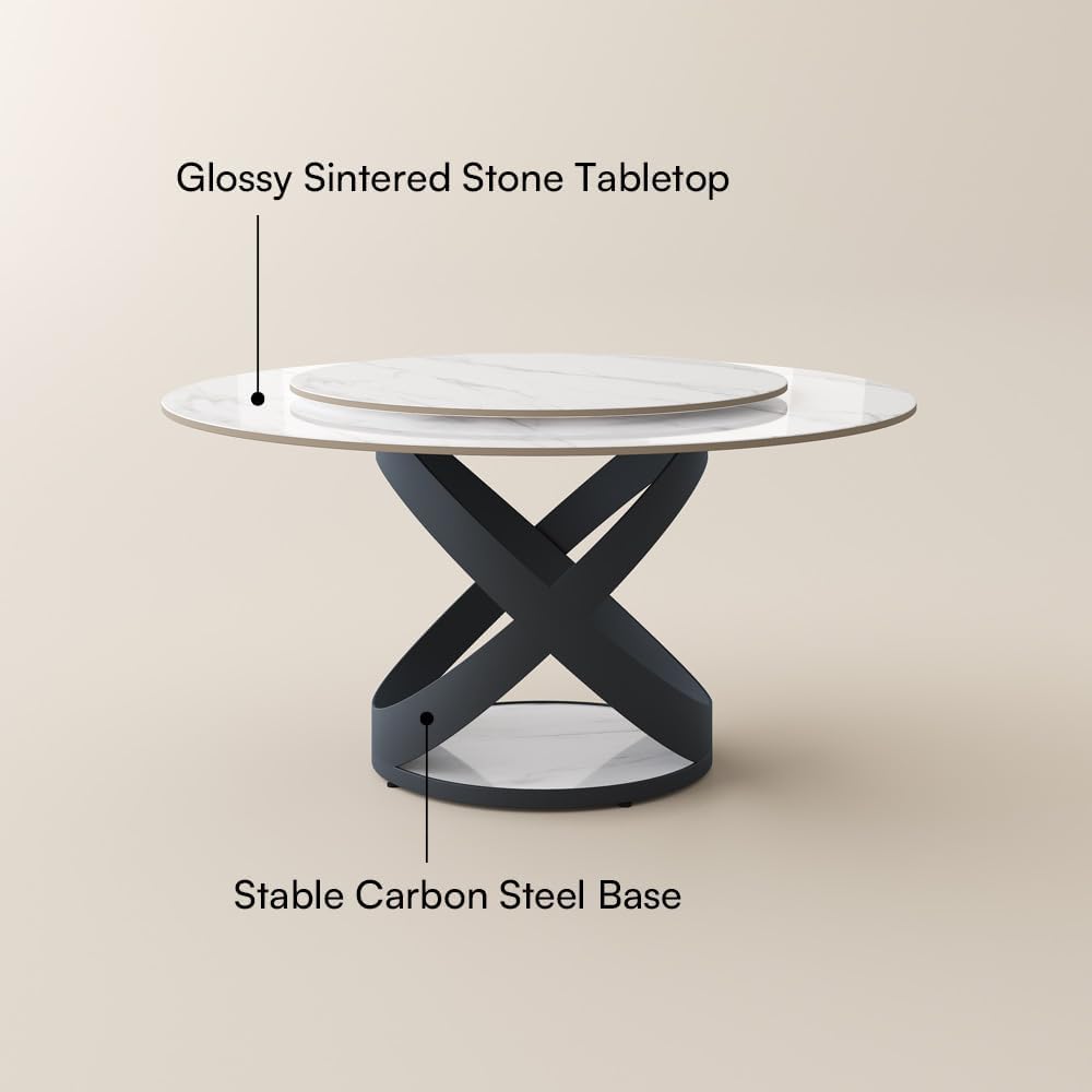 POVISON 59' Modern Dining Table, Glossy White Round Dining Table for 6 Built in Lazy Susan, Sintered Stone Dining Tabletop with Black X Carbon Steel Base (Table Only)
