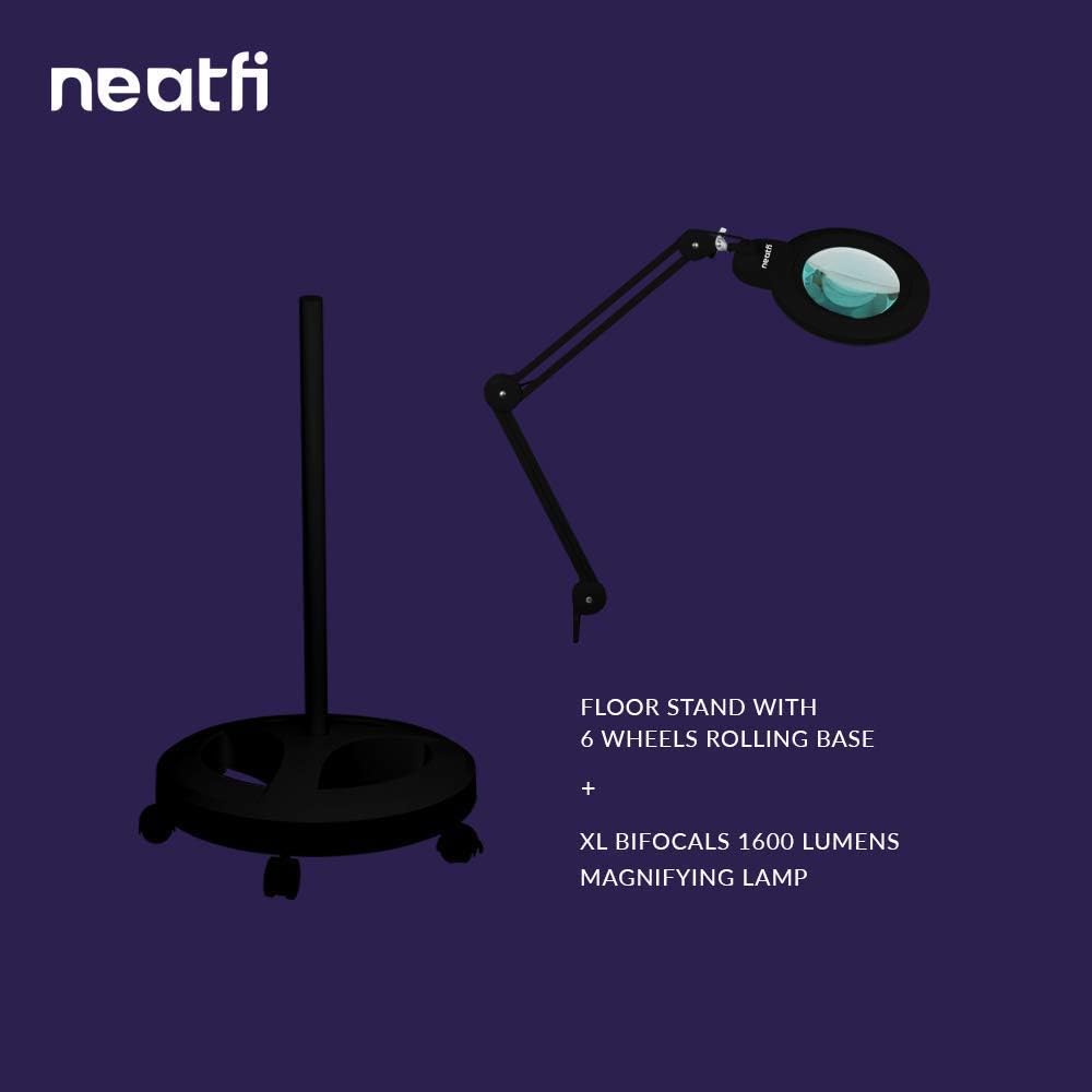 Neatfi 7' XL Bifocals 1,600 Lumens Super LED Magnifier Lamp (Black) Bundle Floor Stand with 6 Wheels Rolling Base (Black)