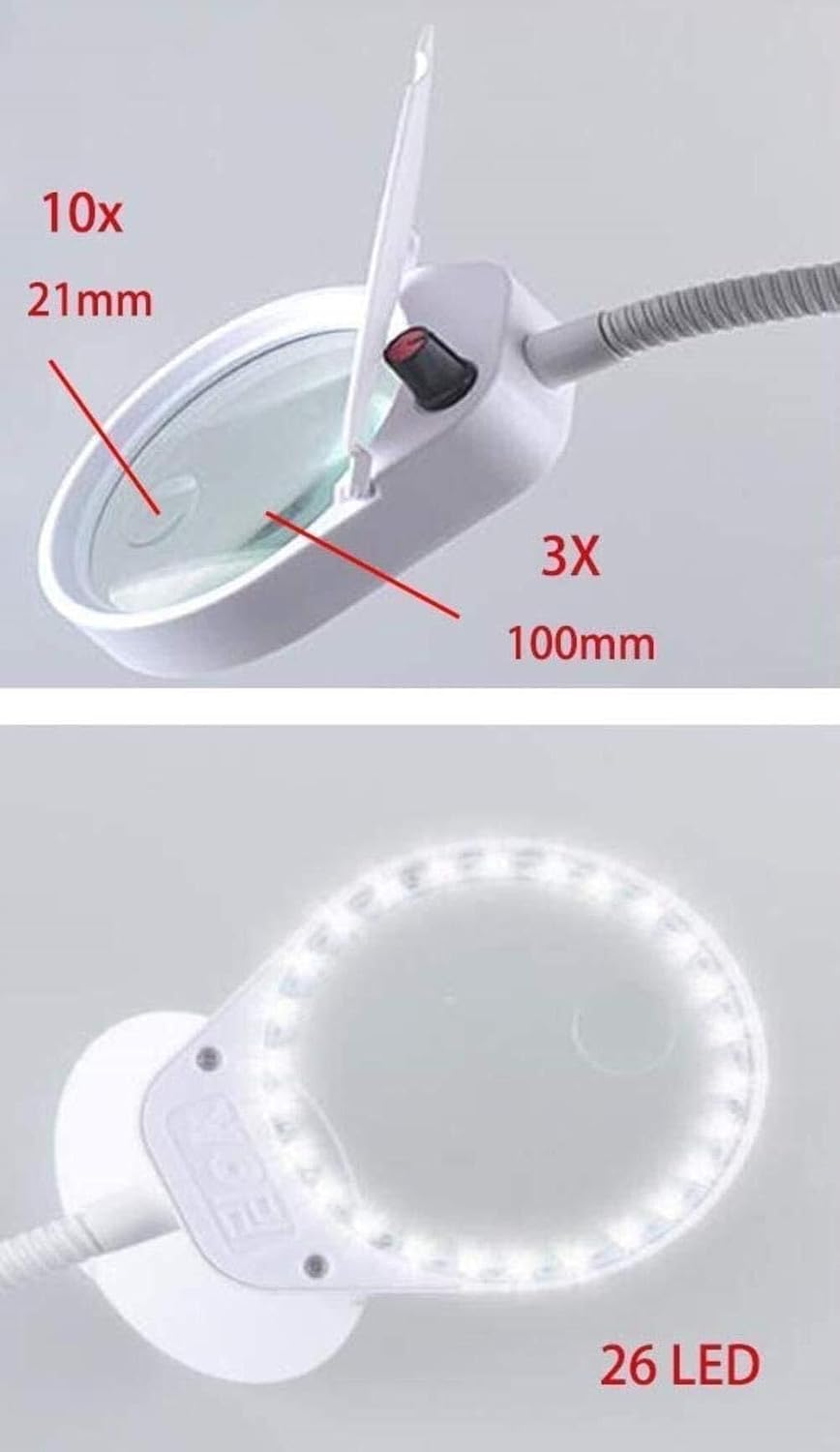 3X 10X Magnifying Glass Clamp Lamp with 26 LED Lights, Adjustable Swivel Arm, Dimmable Light for Reading, Crafts & Repairs, Black(White)