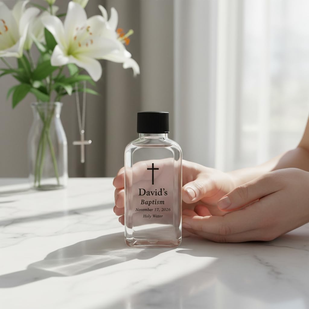 Custom 100cc Round Plastic Bottles - 3.4 oz Holy Water Favors with Minimalist Black or White Caps - Personalized Labels - Ideal for Confirmation Gifts & First Holy Communion Keepsakes (90)