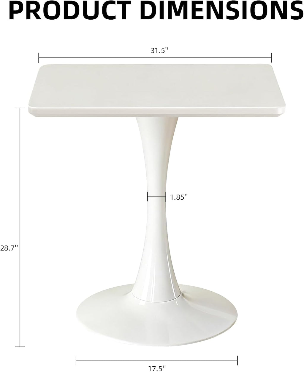 Square Dining Table, 31.5' Tulip Table with Thickened Tabletop & Metal Pedestal, Mid Century Modern Bistro Table for Kitchen, Small Places, Living Room, Cafe (White)