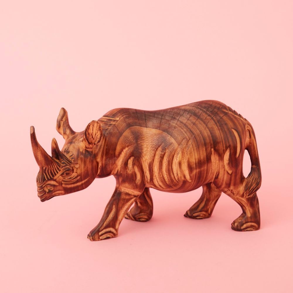 Large Wood Animal Sculptures Set for Room Decor, Giraffe, Hippo, Rhino, Lion and Elephant Statues, Brown