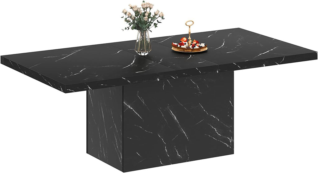 HSH 71' Black Dining Table for 6-8, Rectangle Modern Faux Marble Dinner Table, Large Dining Room Table for Kitchen Living Room, Industrial Wood Kitchen Table only with Sturdy Base, Black, 71 Inch