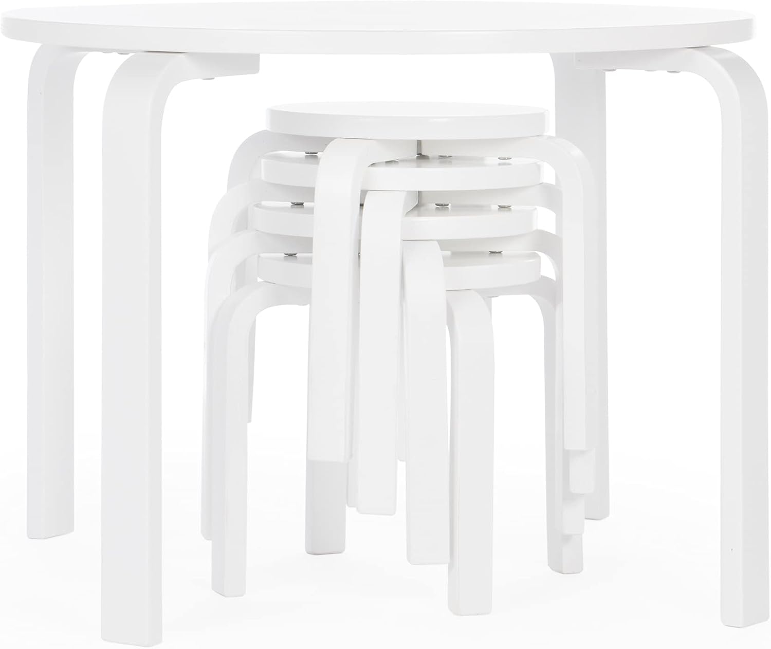 Guidecraft Nordic Table and Stools Set for Kids: White - Stacking Bentwood Stools with Curved Wood Toddler Activity Table - Children's Modern Bedroom, Playroom, and Living Room Furniture