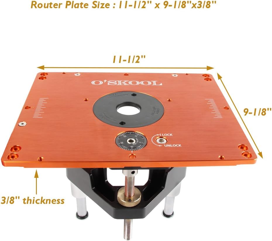 O'SKOOL 3-1/2' Router Lift Systems for BOSCH RA1181 & RA1171 Router Tables,11-1/2' x 9-1/8' Plate 5-Piece Insert Ring Kit, RTS017