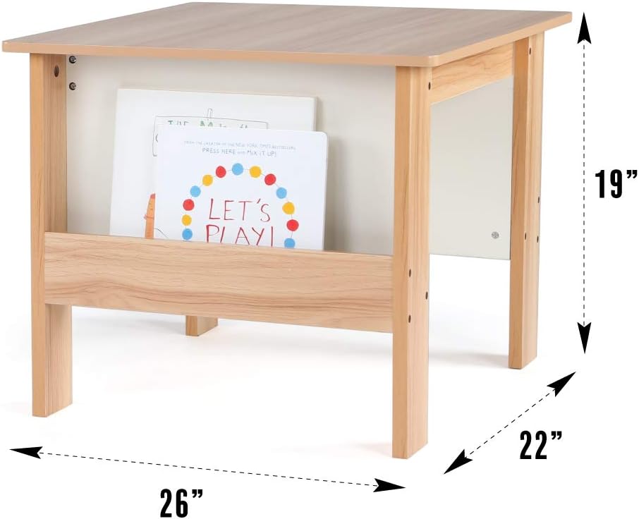 Humble Crew Kids Wood Table and 2 Chairs Set with Built-In Book Storage, Natural/White, Study and Activity Table for Toddlers Ages 3-8, Easy Assembly, Durable Wooden Furniture