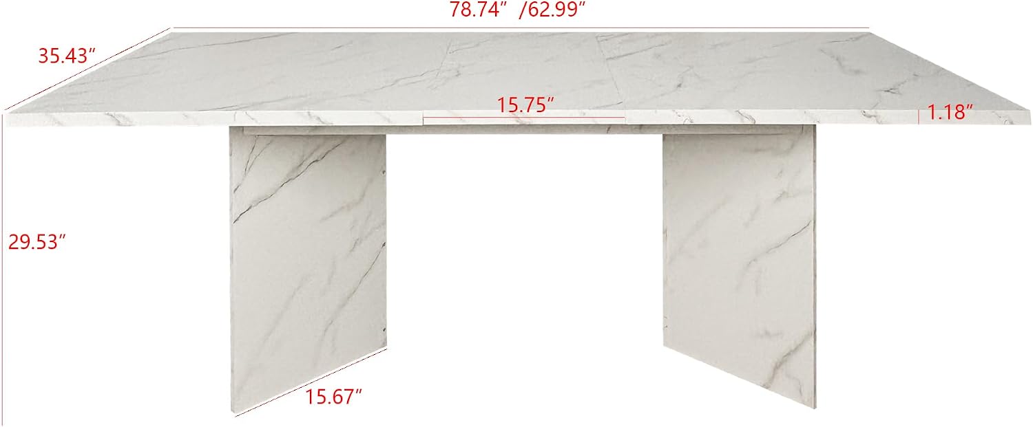 78.74'' Extendable Rectangular Dining Table with for 4-8, Modern Wood Expandable Kitchen Dinner Conference Table for Living Room Office, White Faux Marble