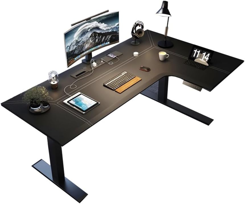 Home Adjustable Height L-Shaped Leather PC Desk, Electric Corner Standing, Sit Stand Workstation with Charging Outlets Office(M)