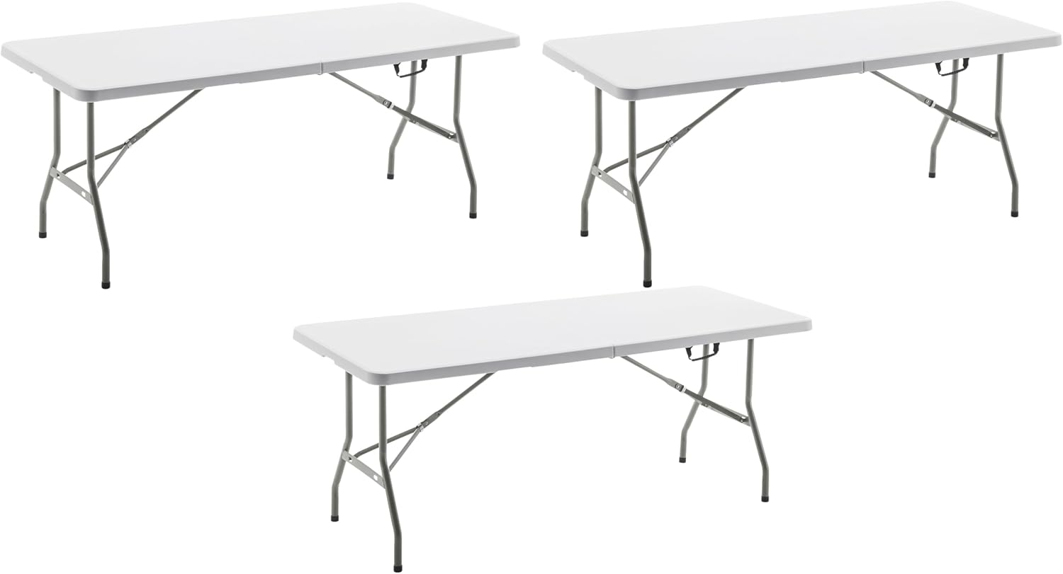 BTEXPERT, Fold-in-Half Folding Table 6 Feet 72'x 29.5' Lightweight Portable Carrying Handle Indoor Outdoor Picnic Camping Office Home Party Wedding Event White Set of 3