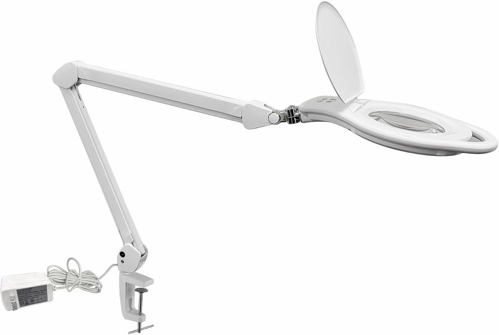 LED Magnifying Lamp with Clamp, 1.75X magnification, Touch Dimmer, 96 SMD LEDs, Adjustable Arm, Dual Warm & Cold Light Modes for Crafts, Reading, Repair (Universal Voltage, Eye Strain Relief)