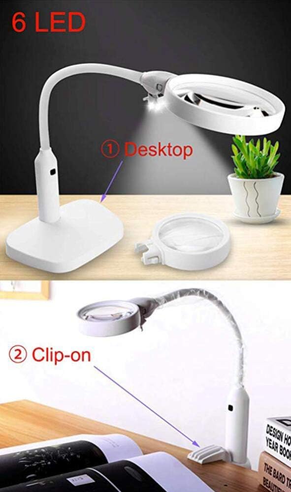 GeRRiT 6 Led Magnifying Glass Clamp Lamp,2X,5X Magnifier Lens,Metal Hose Adjustable Swivel Arm Utility Clamp Light for Desk, Table,Craft, Jewelry,Sewing,