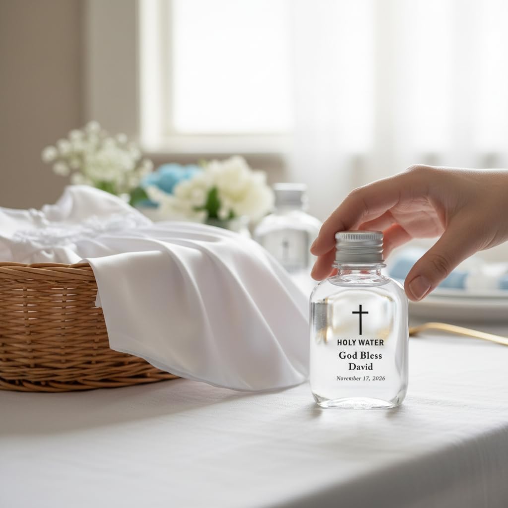Personalized 100ml (3.4 oz) Holy Water Bottles (Empty) - TSA Travel Size Plastic Flask with Gold/Silver Cap - Custom Labels - First Holy Communion Keepsakes & Confirmation Gifts (100)