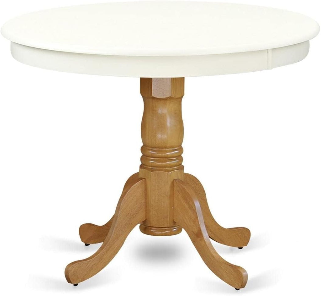 East West Furniture ANT-LOK-TP Antique Mid-Century Modern Dining Table - a Round Dining Table Top with Pedestal Base, 36x36 Inch, Linen White & Oak