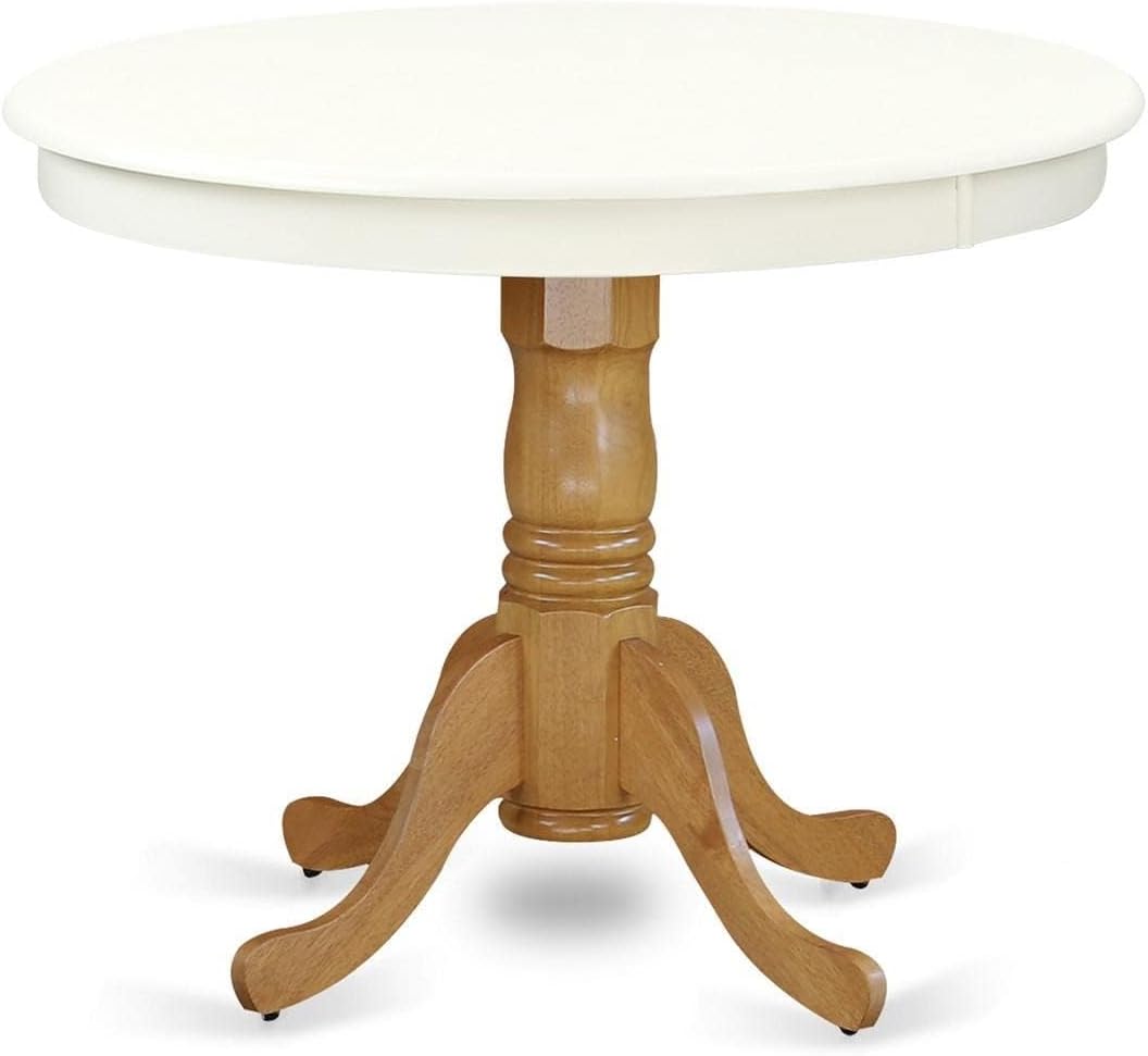 East West Furniture ANT-LOK-TP Antique Mid-Century Modern Dining Table - a Round Dining Table Top with Pedestal Base, 36x36 Inch, Linen White & Oak