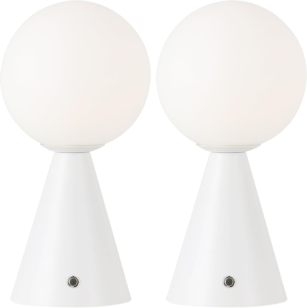 JONATHAN Y 11.75' White Macie Modern Globe Cordless Table Lamp Set of 2, Rechargeable Dimmable Integrated LED Touch Sensor Bedside Lamp, White Frosted Glass Shade (JYL7159E-SET2)