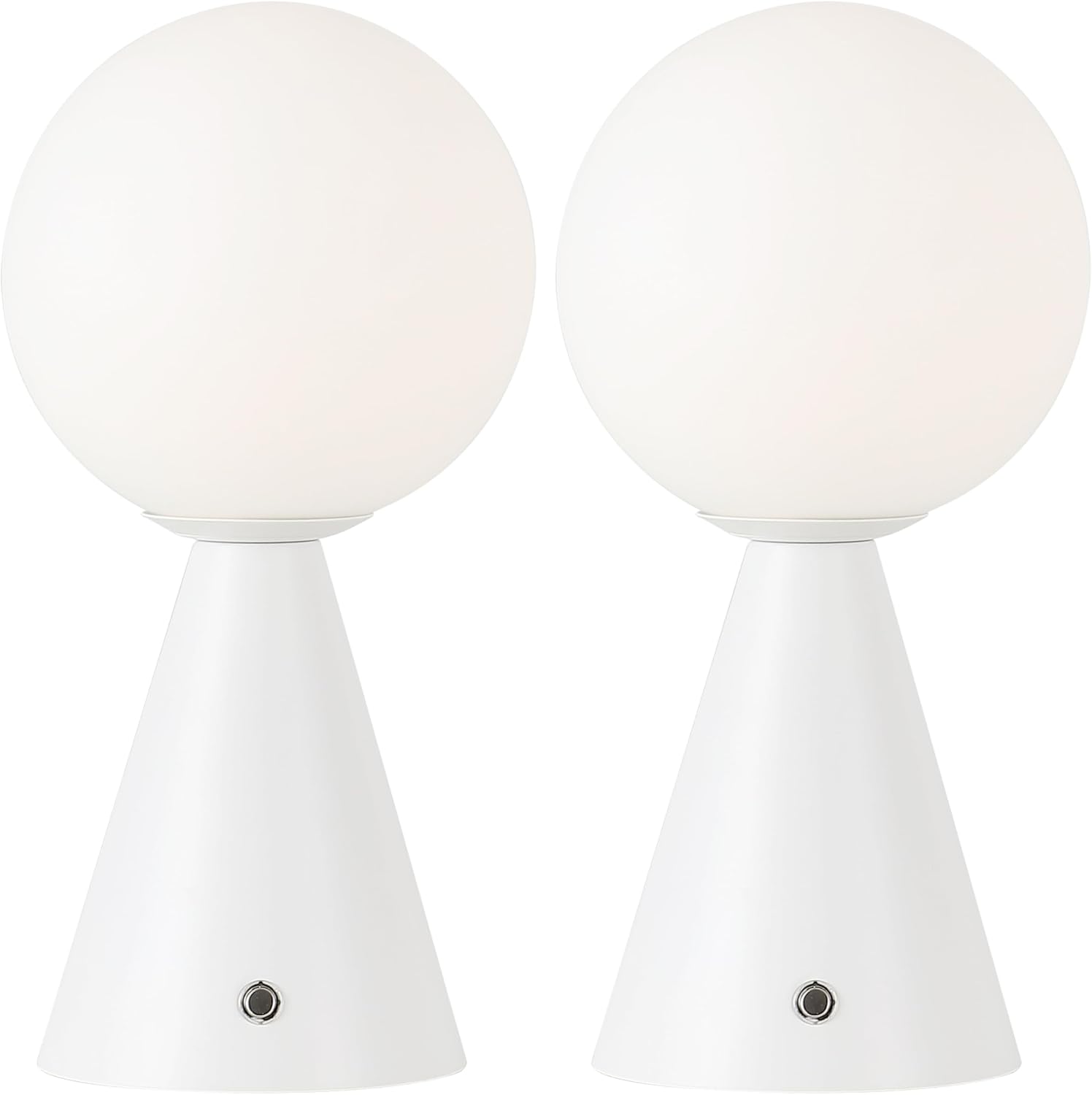 JONATHAN Y 11.75' White Macie Modern Globe Cordless Table Lamp Set of 2, Rechargeable Dimmable Integrated LED Touch Sensor Bedside Lamp, White Frosted Glass Shade (JYL7159E-SET2)