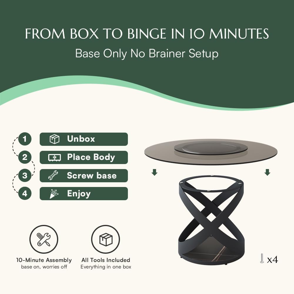 POVISON 51' Modern Round Dining Table with Lazy Susan, Glass Round Kitchen Table for 4, Tempered Glass Dining Room Table top with Black X Carbon Steel Base (Dining Table Only)