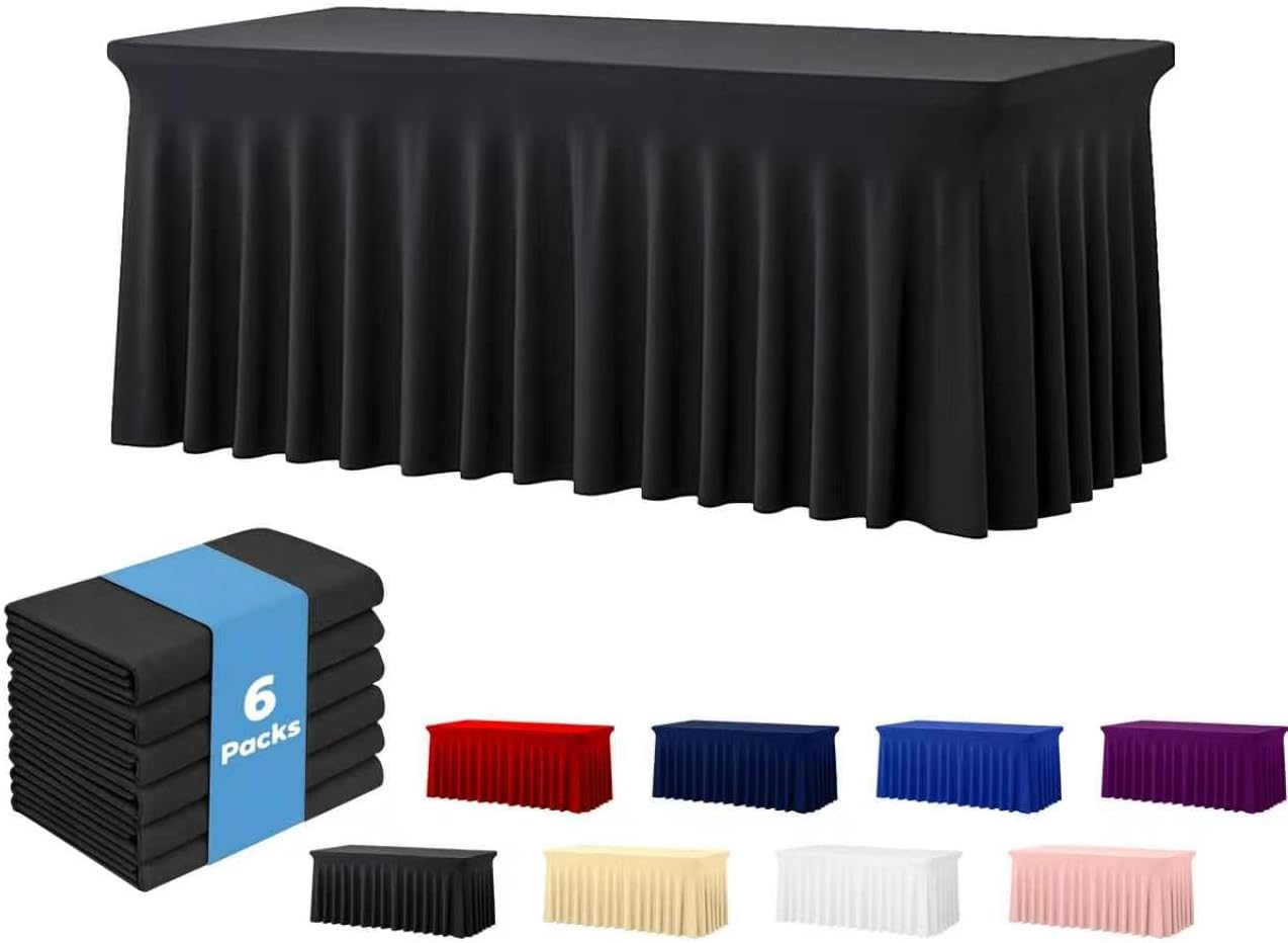 Deep Dream 6 Pack Black Spandex Fitted Tableclothes for 8 Foot Rectangle Tables, Wrinkle Free 8FT Fitted Table Cover, Stretch Tablecloth Table Skirt for Party, Banquet, Wedding and Events