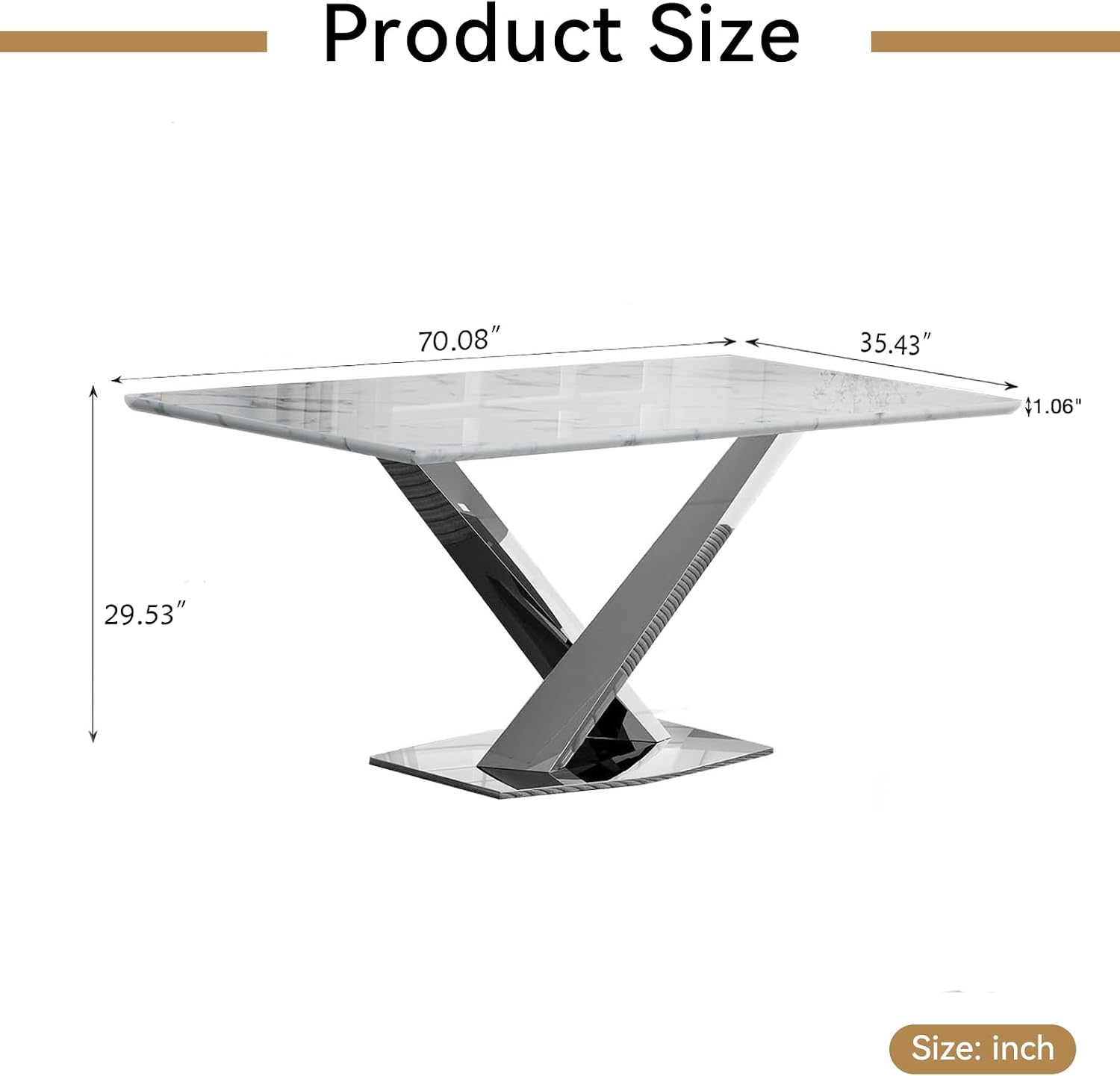 70' White Marble Dining Table for 4 to 6, Modern Faux Marble Kitchen Table with Silver X Shape Stainless Steel Pedestal, Luxury Rectangular Kitchen Dining Room Table for Breakfast Dinette Dinner Party