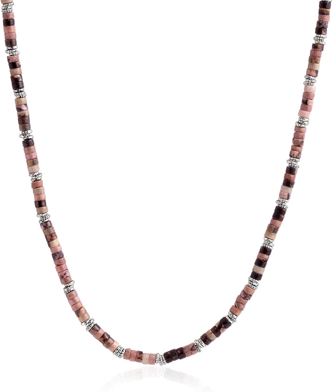 JEAN RACHEL JEWELRY Men's 3-Piece Necklace Layering Set - Hammered Link Chain, Sleek Box Chain & Rhodonite Beads - Refined Bundle