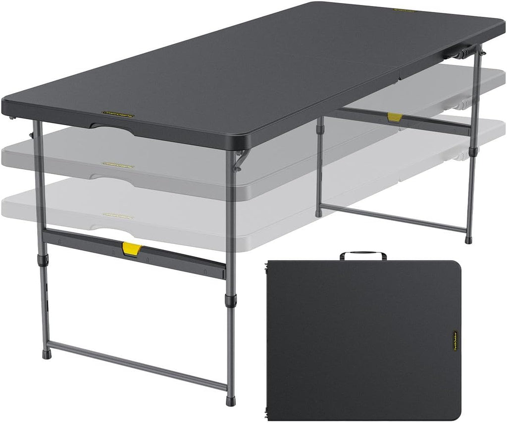 FanttikOutdoor 6ft Folding Table, 3 Heights, One-Handed Height Adjustment, Gravity Lock, Carry Handle, Indoor Outdoor Heavy Duty Fold-in-Half Portable Utility Table, Party, Black Zeta X6 Pro