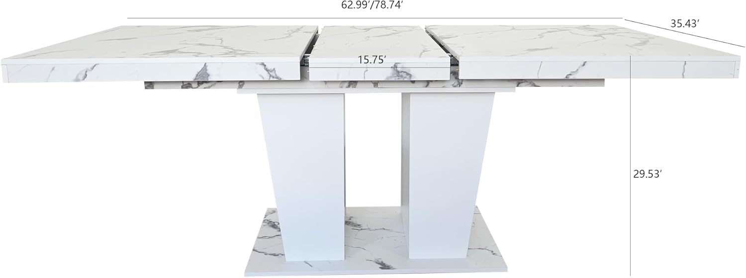78.74'' Extendable Rectangular Dining Table for 4-8, Modern Mid-Century Wood Expandable Kitchen Dinner Conference Table for Living Room Office, 2 Widen Pedestal Base, White Faux Marble
