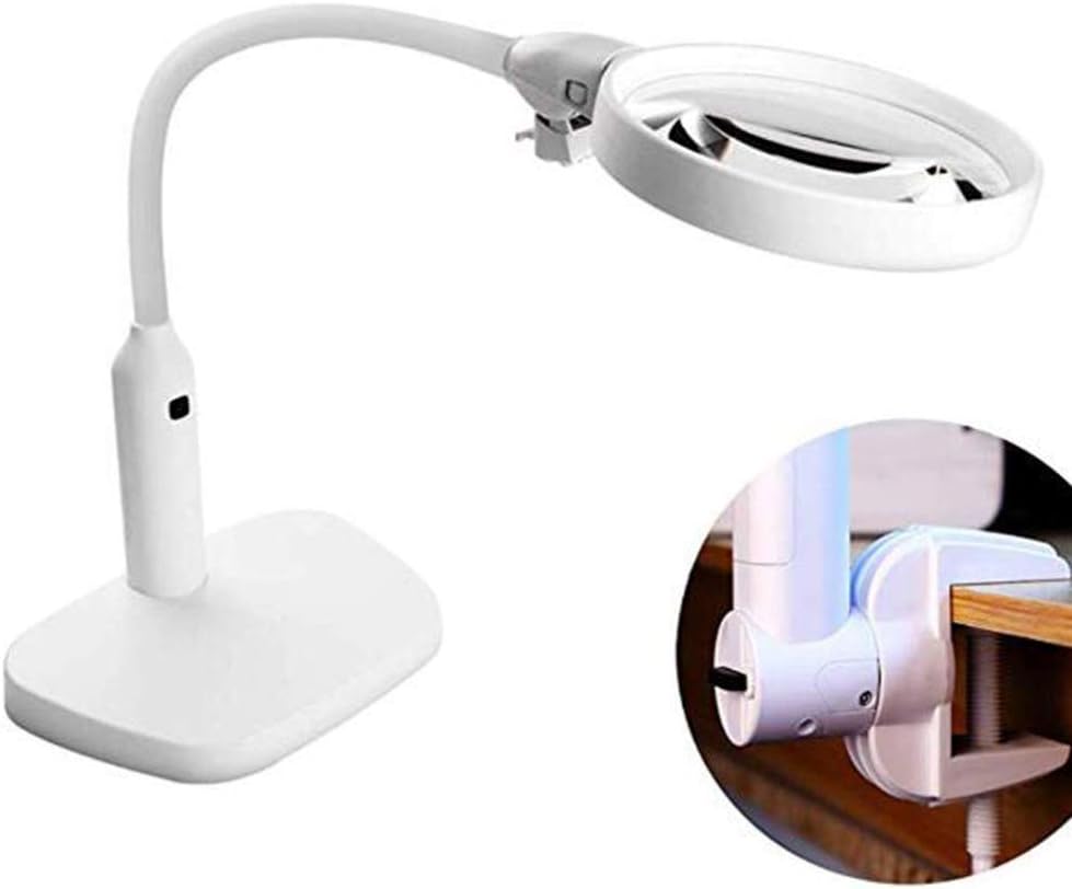 GeRRiT 6 Led Magnifying Glass Clamp Lamp,2X,5X Magnifier Lens,Metal Hose Adjustable Swivel Arm Utility Clamp Light for Desk, Table,Craft, Jewelry,Sewing,