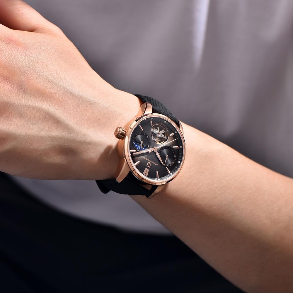 Pagani Design Luxury Men's Automatic Watch Skeleton Tourbillon Moon Phase Stainless Steel 100m Waterproof Leather Strap Men's Mechanical Watch