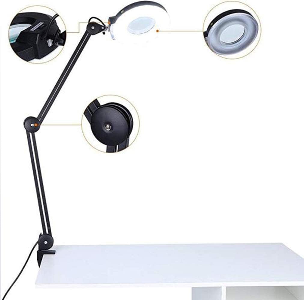 Magnifier, Led Folding Magnifier lamp,Adjustable Swivel Arm 8X Magnifying Glass Table Lamp Light with Clamp for Beauty Skincare Manicure Nail Tattoo Salon with Glass Lens and Bench (Black A)