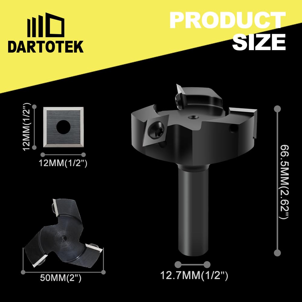 CNC Spoilboard Surfacing Router Bit, 1/2 inch Shank 2-Inch Cutting Diameter Wood Planning Bit, DARTOTEK Slab Flattening Router Bit, Milling Cutter with 3PCS Indexable Carbide Insert(3 of Pack)