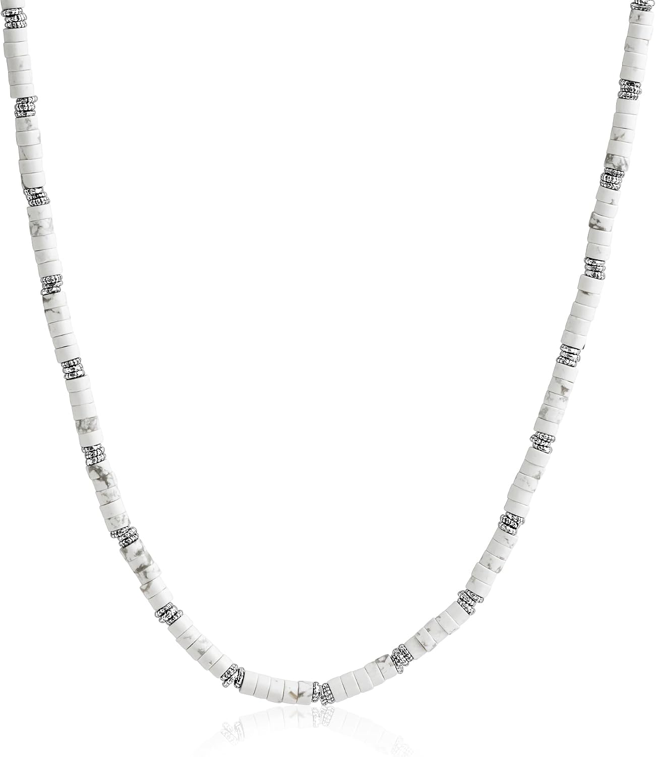 JEAN RACHEL JEWELRY Men's 3-Piece Necklace Layering Set - Hammered Link Chain, Sleek Box Chain & White Buffalo Turquoise Beads - Refined Bundle