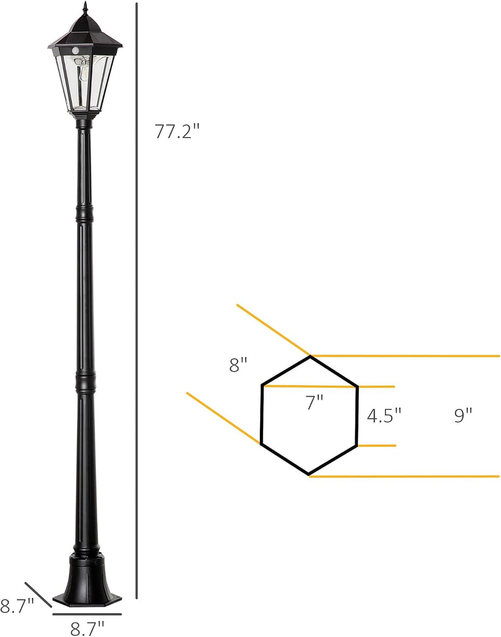 Outsunny 77' Solar Lamp Post Light, Waterproof Aluminum Outdoor Vintage Street Lamp, Motion Activated Sensor PIR, Adjustable Brightness, for Garden, Lawn, Pathway, Driveway, Black