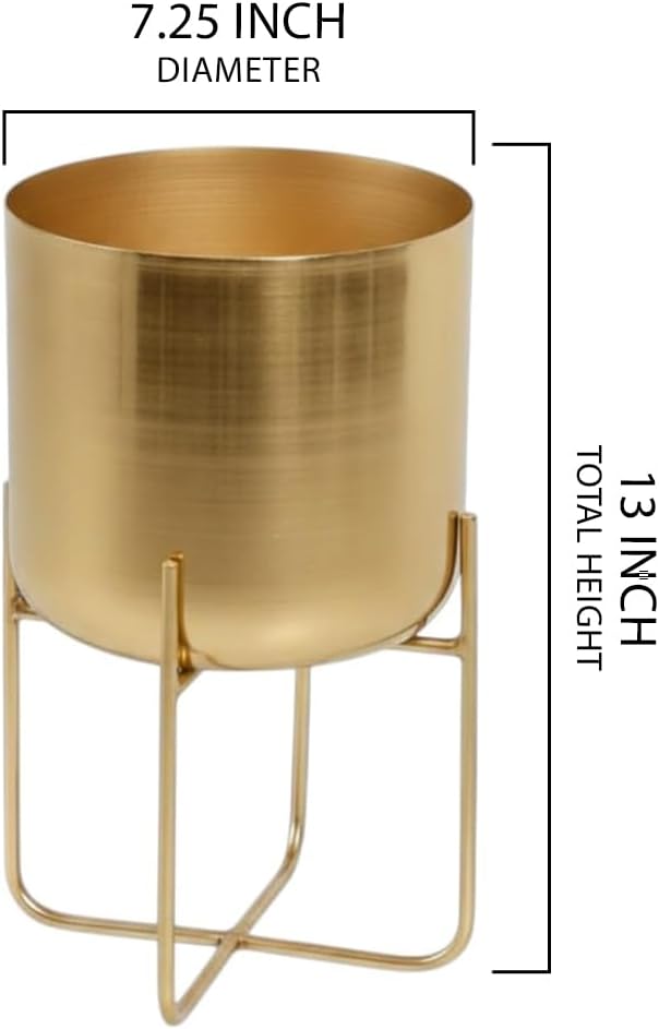 Serene Spaces Living Modern Mid‑Century Metal Indoor Planter with Stand, Gold Planter Pot for Houseplants & Indoor Plants – Living Room, Kitchen & Office, 7.25' Diameter & 13' Tall