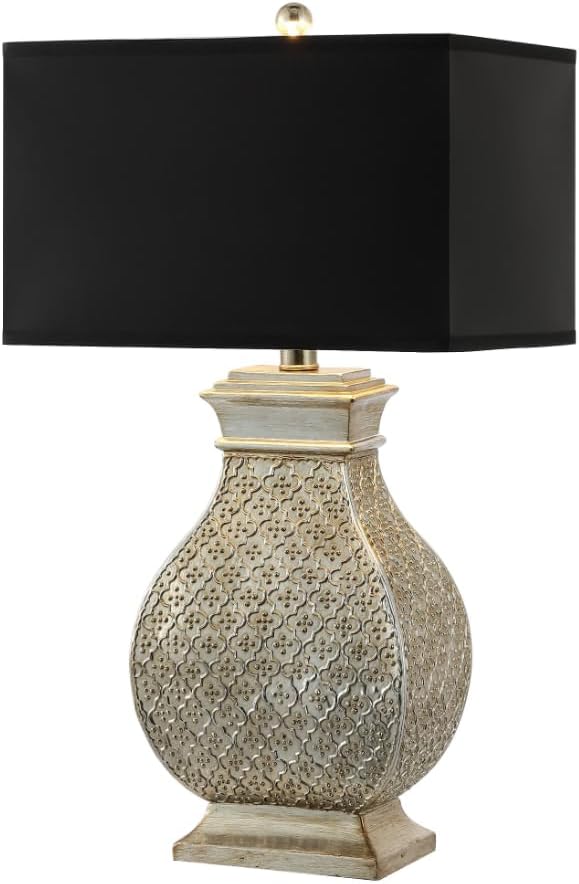 SAFAVIEH Lighting Collection Malaga Silver/ Black Rectangle Shade 30-inch Bedroom Living Room Home Office Desk Nightstand Table Lamp Set of 2 (LED Bulbs Included)