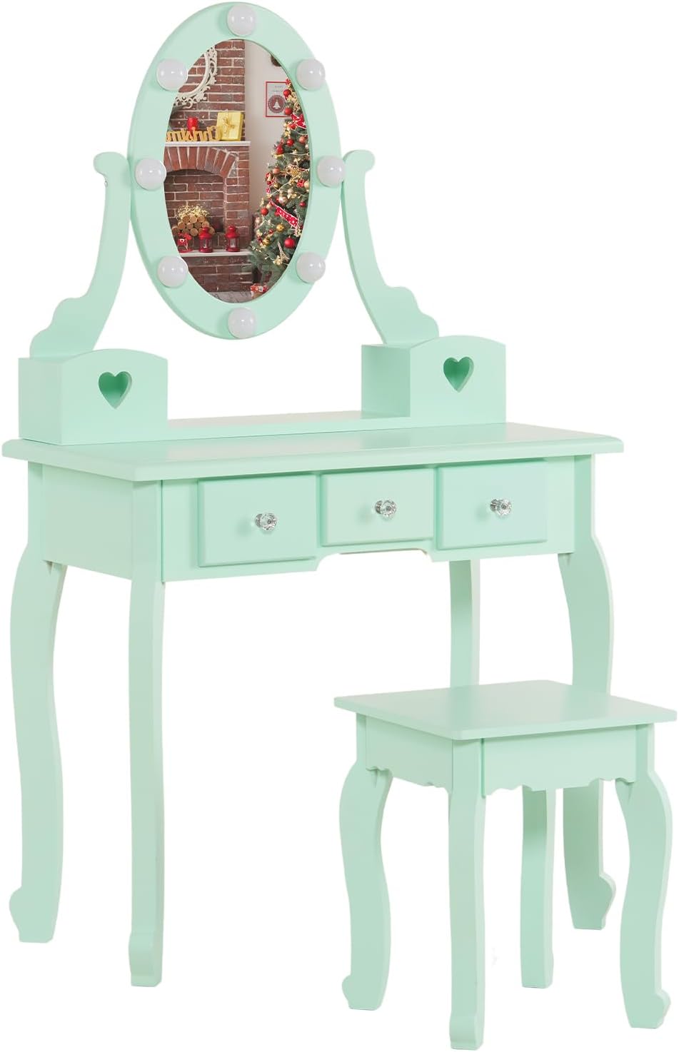 Karl home Kids Vanity Table and Chair Set, Princess MDF Dressing Table with 3-Color LED Lighted Mirror and 3 Drawers, Lovely Waved Design for Toddler's Bedroom and Playroom Decor, Macaroon Green