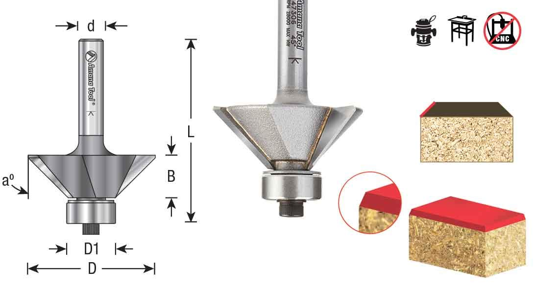 Amana Tool 47309 Carbide Tipped Chamfer 45 Deg Angle x 1-3/4 D x 3/4 CH x 1/2 Inch SHK w/Ball Bearing 4-Flute Router Bit