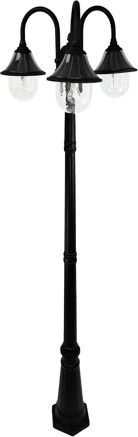 Gama Sonic Orion Outdoor Solar Lamp Post Light Kit, Triple Black Resin Industrial Style Downlight Lamp, Cast Aluminum Pole with Warm White Light 2700K, 123BM50003