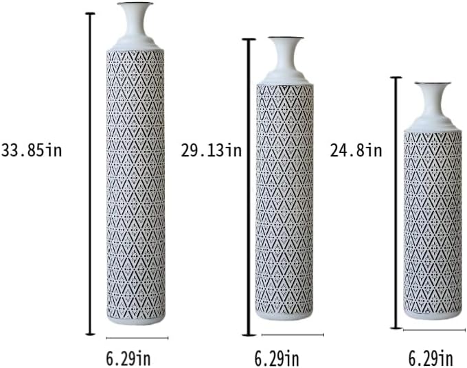 Tall Floor Vases Set of 3 - Modern White Metal Vases with Black Geometric Pattern, Decorative Cylinder Vase for Living Room, Home Decor, Entryway & Wedding Centerpieces (White+Black Rhombus)