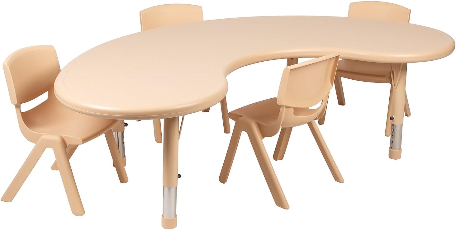 Flash Furniture 35'W x 65'L Half-Moon Natural Plastic Height Adjustable Activity Table Set with 4 Chairs