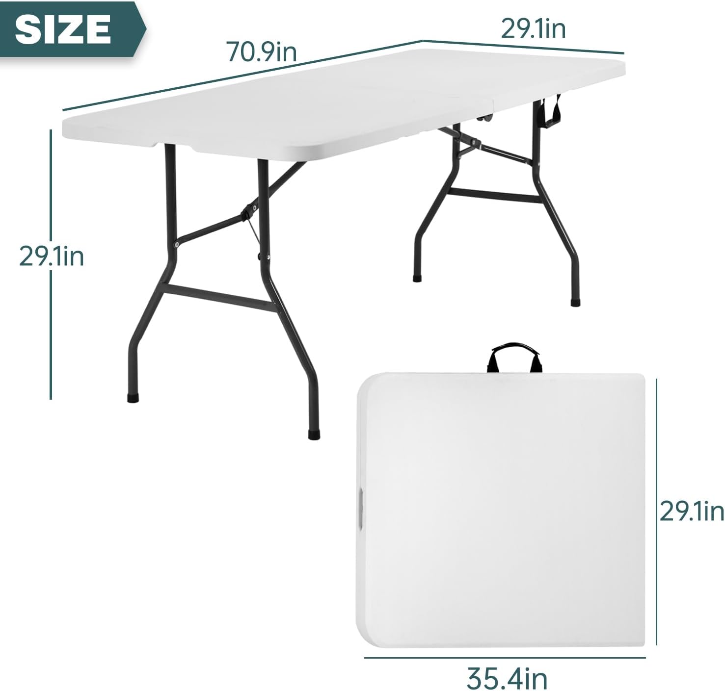 FDW 6 Foot Outdoor Dining Table, Foldable Portable Rectangular Plastic Folding Table with Built in Carrying Handle for Party and Wedding Use, White