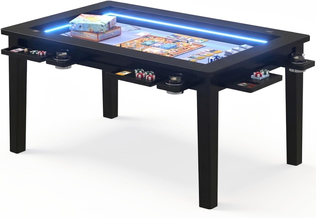 Haddockway Solid Wood Board Game Table with Colorful Led Lights, Dining/Gaming Table for 4-6 Players with Charge Station,Removable Top, Play Mat, 6 Cup Holders & Trays (Black)