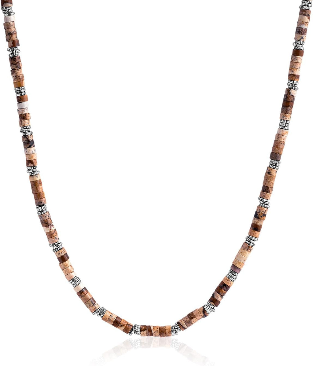 JEAN RACHEL JEWELRY Men's 3-Piece Necklace Layering Set - Hammered Link Chain, Sleek Box Chain & Natural Jasper Stone Beads - Earth Tone Bundle