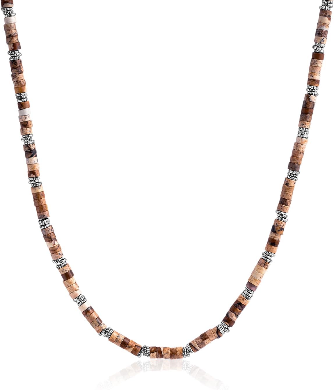 JEAN RACHEL JEWELRY Men's 3-Piece Necklace Layering Set - Hammered Link Chain, Sleek Box Chain & Natural Jasper Stone Beads - Earth Tone Bundle