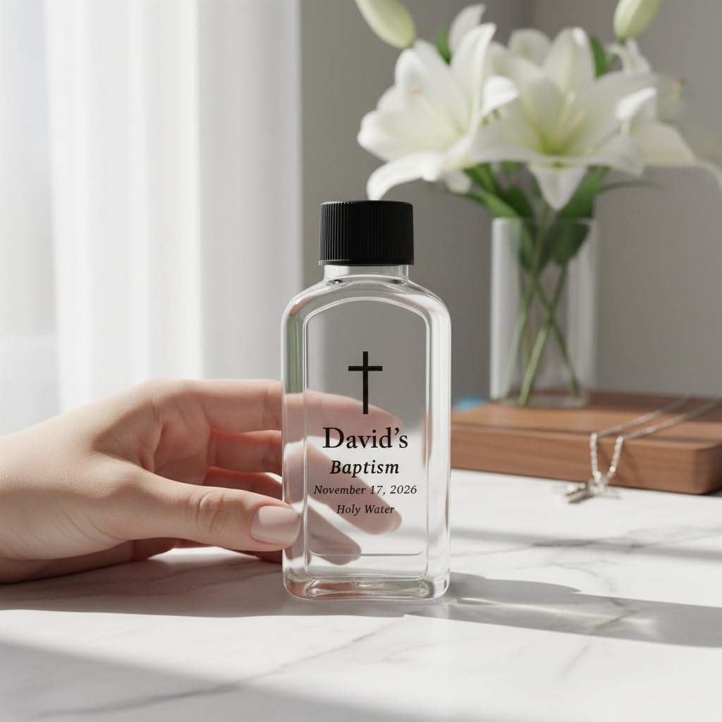 Custom 100cc Round Plastic Bottles - 3.4 oz Holy Water Favors with Minimalist Black or White Caps - Personalized Labels - Ideal for Confirmation Gifts & First Holy Communion Keepsakes (90)